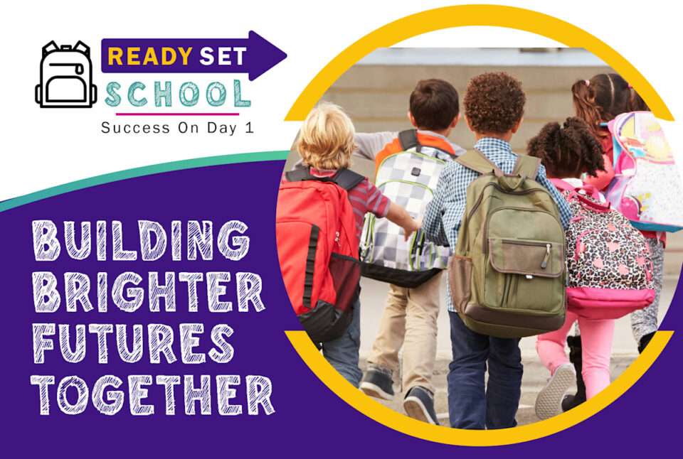 Ready, Set, School logo with photo of school children